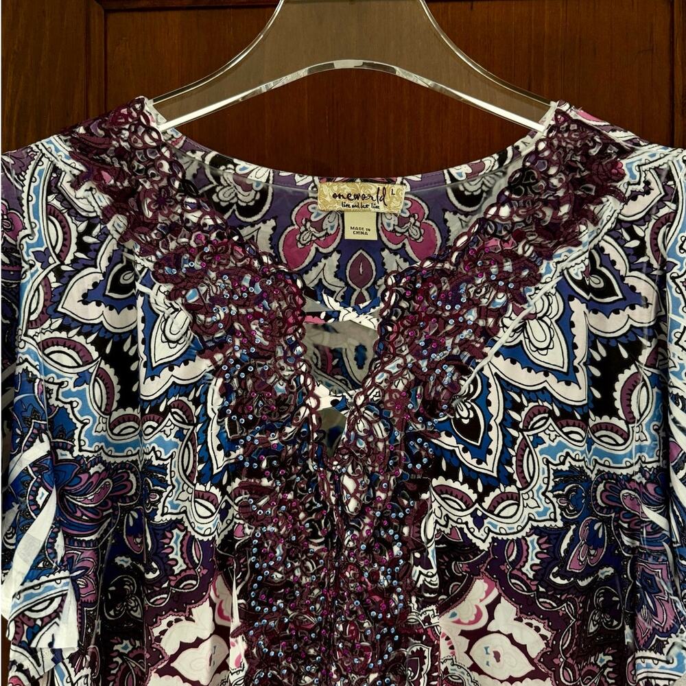 NWT One World Boho Babydoll Tunic Paisley Print Beaded Size Large Pink Purple - Picture 6 of 9